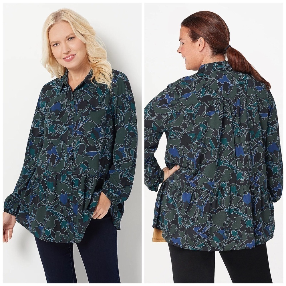 LOGO Lori Goldstein Stretch Button Up Front Floral Blouse Top S